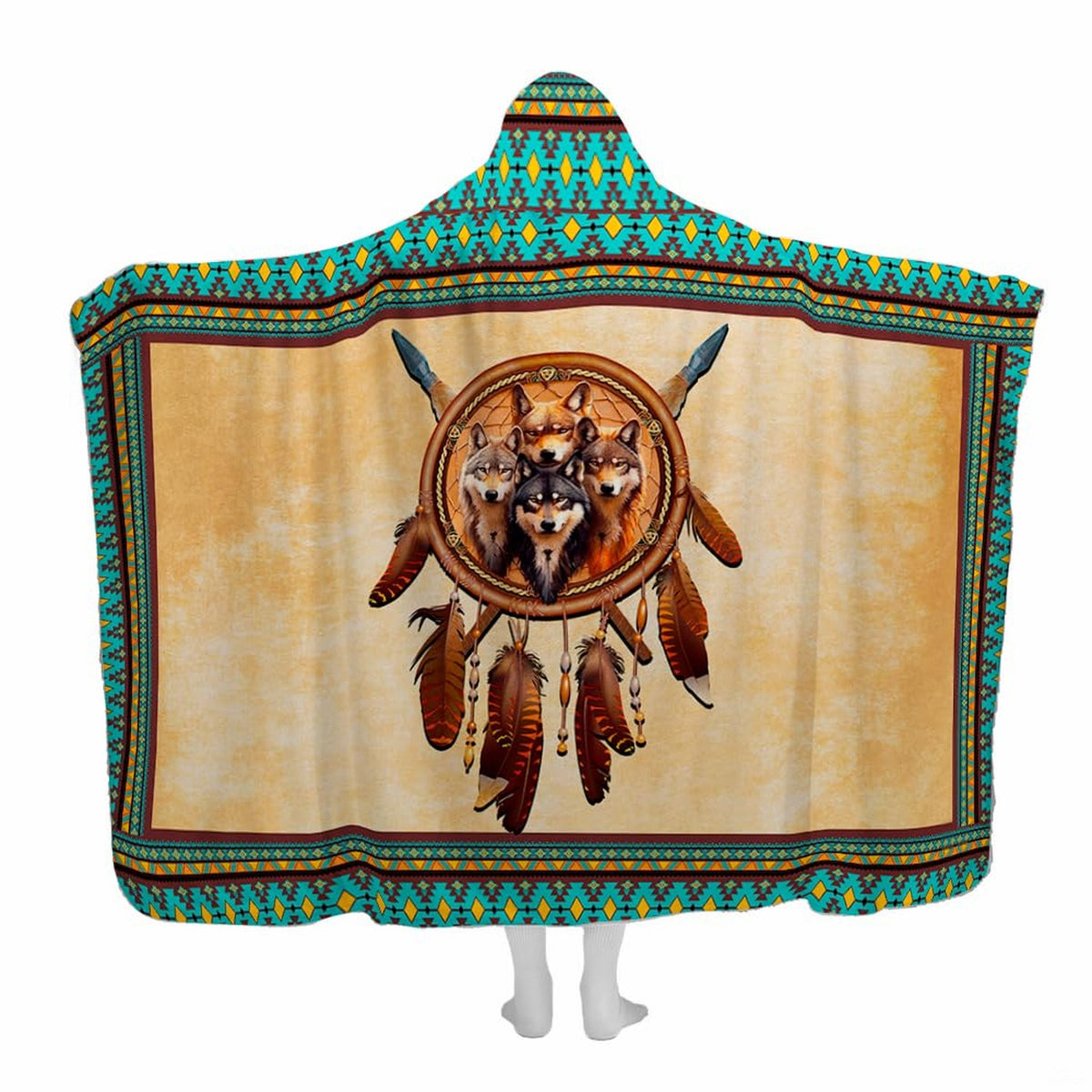 Native wolf dreamcatcher turquoise throw blanket featuring wolves in a dreamcatcher hoop with turquoise borders