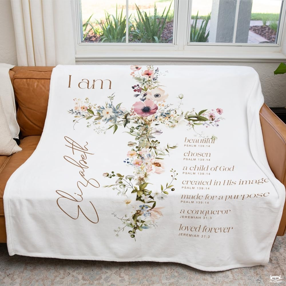Personalized Floral Cross Personalized Text Blanket, Lightweight