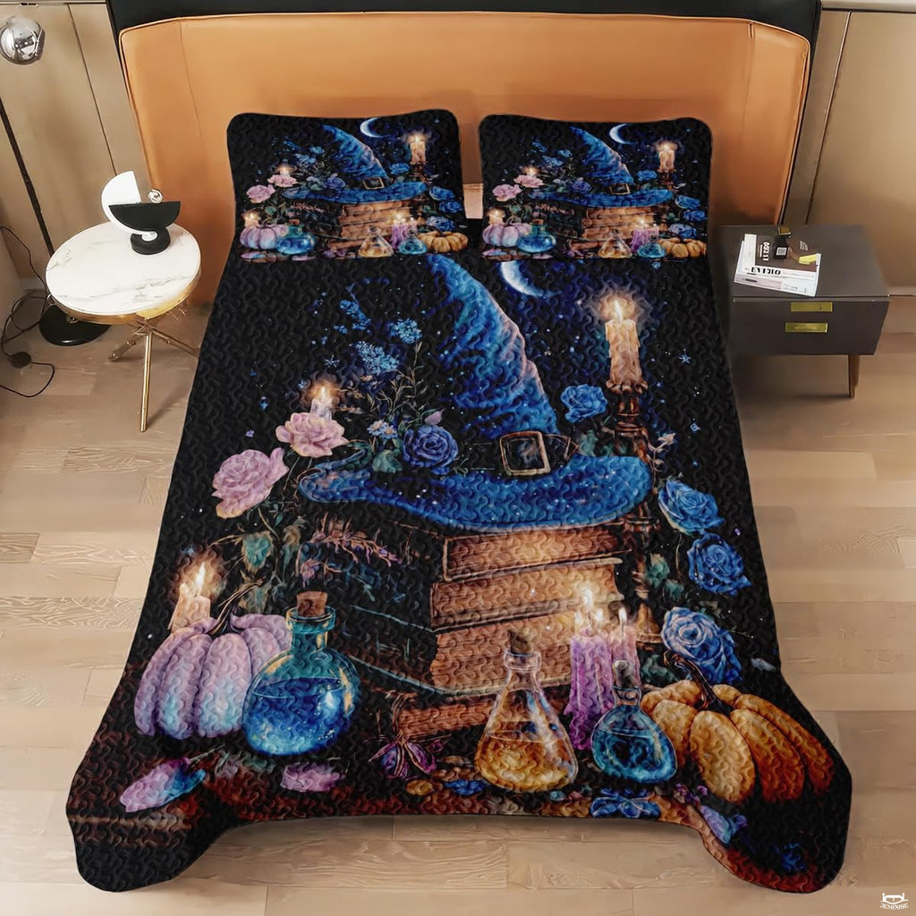 Witch hat quilt shown on a modern bed