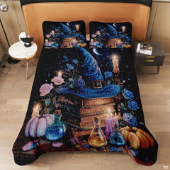Witch hat quilt shown on a modern bed