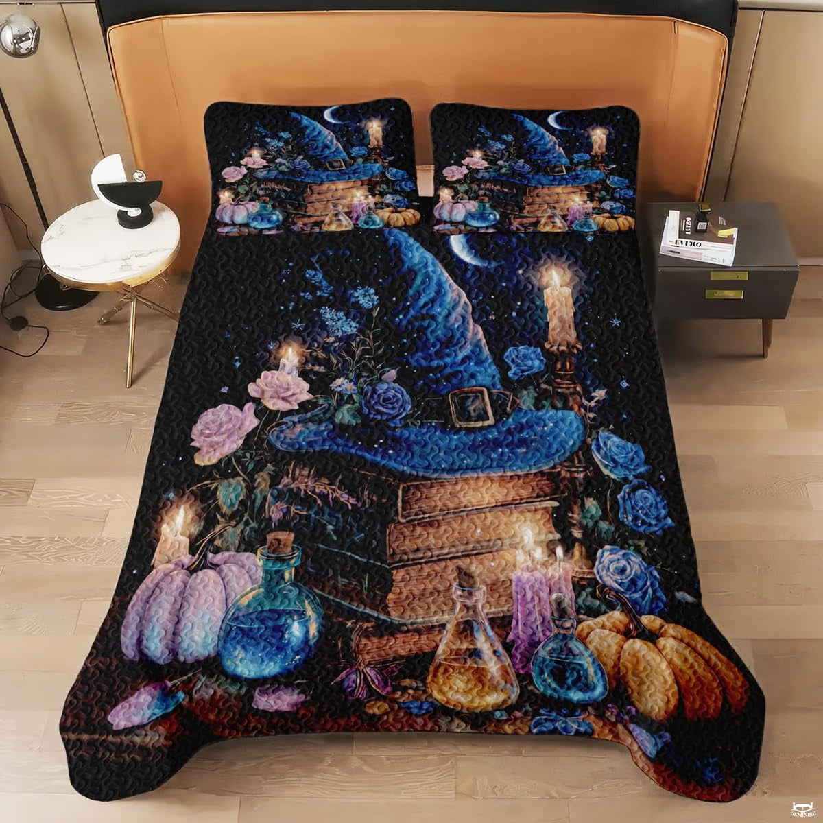 Witch hat quilt shown on a modern bed