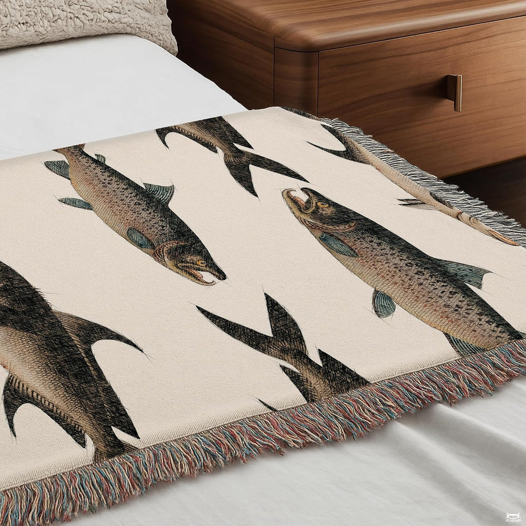 Overhead presentation of vintage fish bedding highlighting detailed biological aquatic art and thematic accent neutral tones.