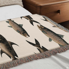 Overhead presentation of vintage fish bedding highlighting detailed biological aquatic art and thematic accent neutral tones.