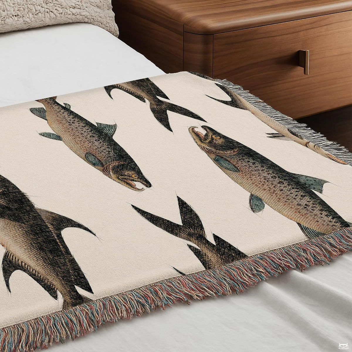 Overhead presentation of vintage fish bedding highlighting detailed biological aquatic art and thematic accent neutral tones.