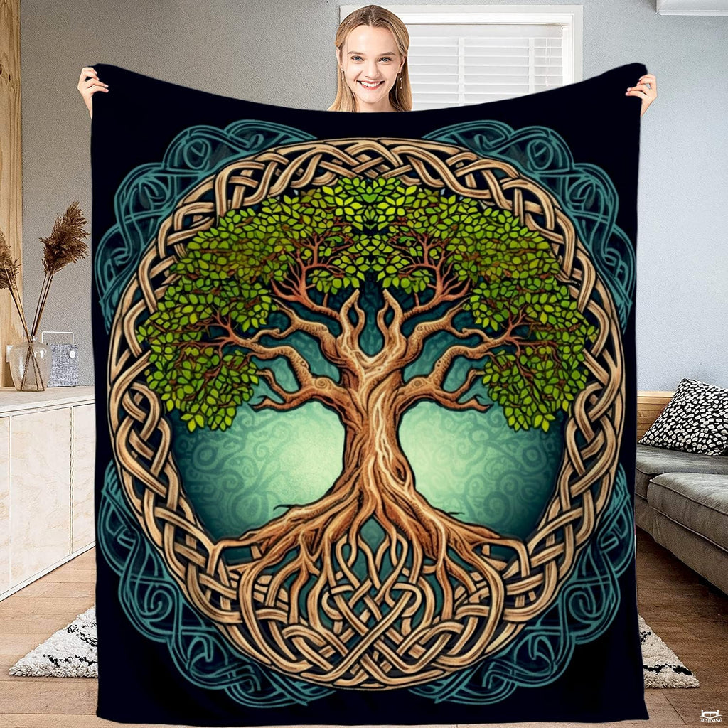 Celtic Tree of Life bedding set showcasing circular knotwork and verdant foliage on navy blue.