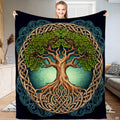 Celtic Tree of Life bedding set showcasing circular knotwork and verdant foliage on navy blue.