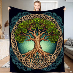 Celtic Tree of Life bedding set showcasing circular knotwork and verdant foliage on navy blue.
