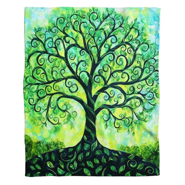 Celtic Tree of Life watercolor illustration with swirling branches and green leaves, view 2.