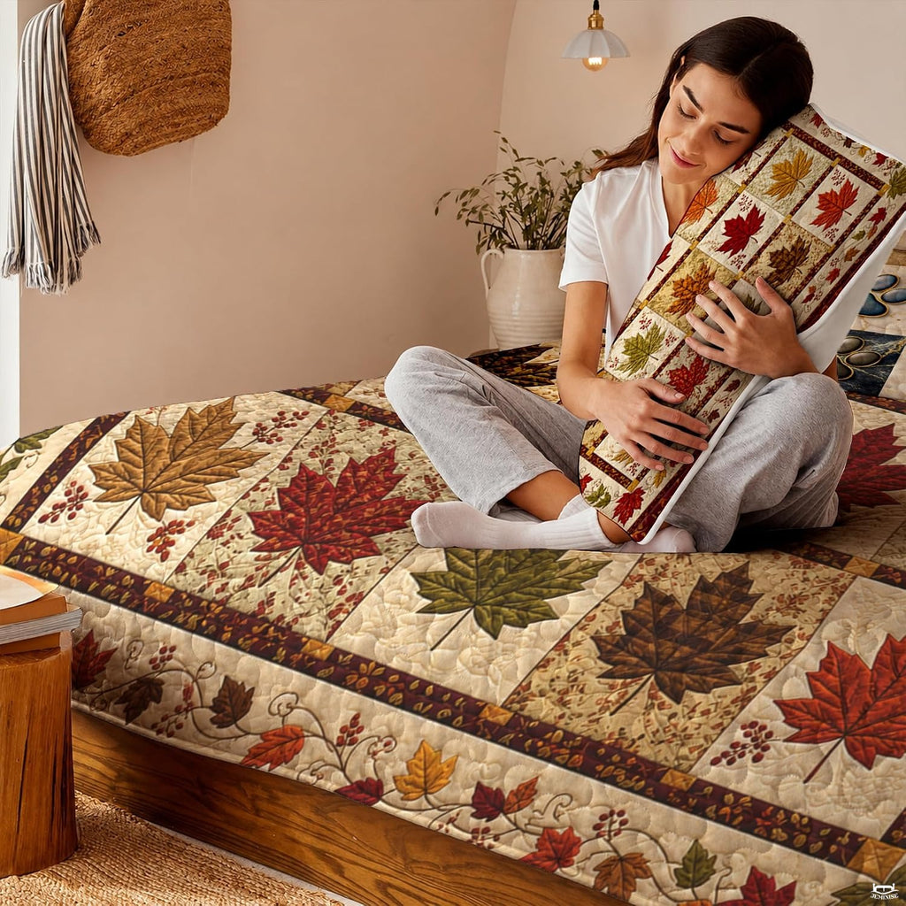 Harvest-themed bedroom presentation highlighting a colorful leaf grid bedding set