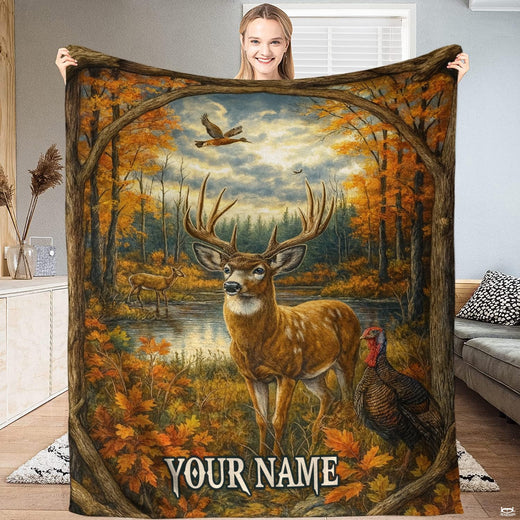 Scenic autumn forest bedding set featuring standing buck deer and golden foliage by a quiet woodland pond.
