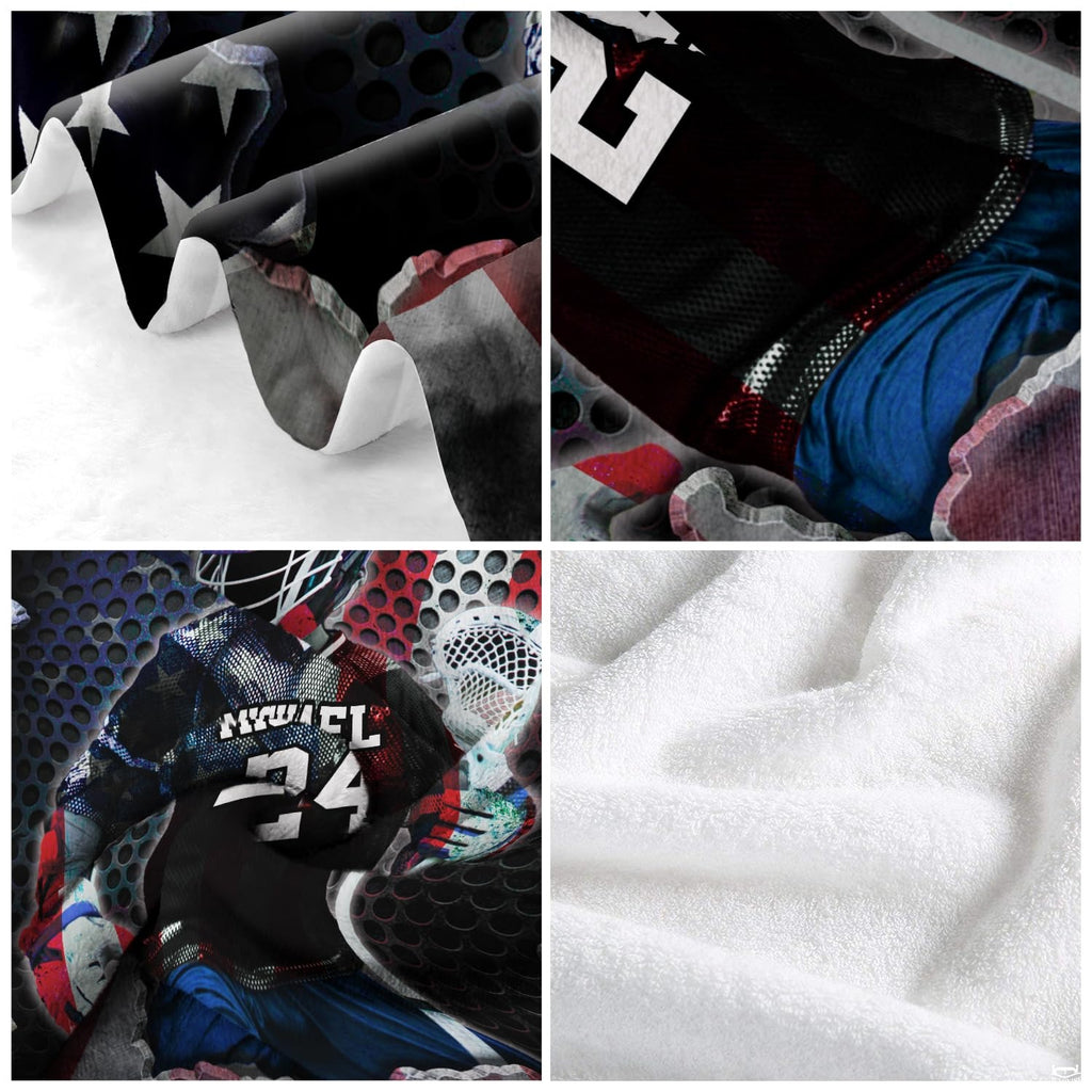 Full flat product overview displaying lacrosse athlete and torn American flag artwork composition.