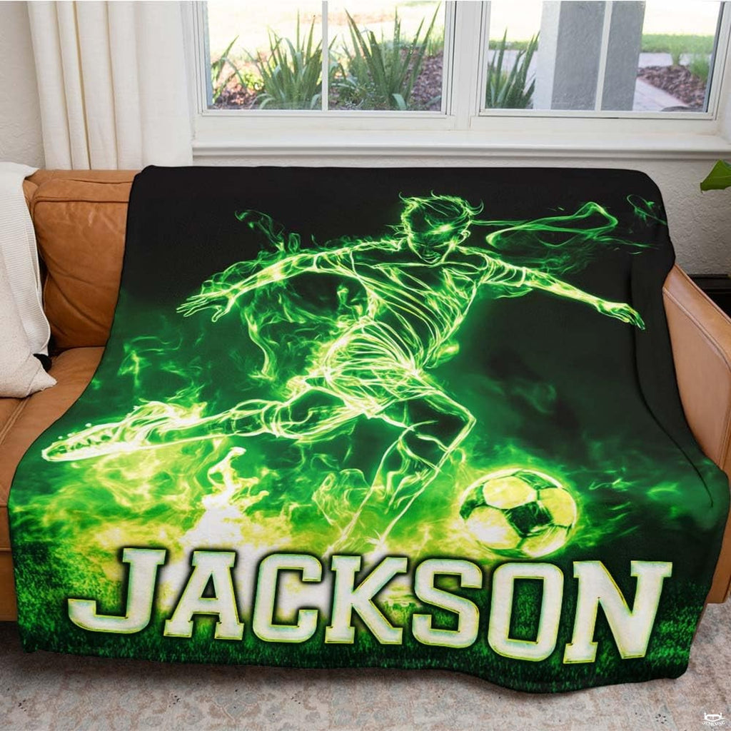 Detailed close perspective of glowing soccer striker and ball print