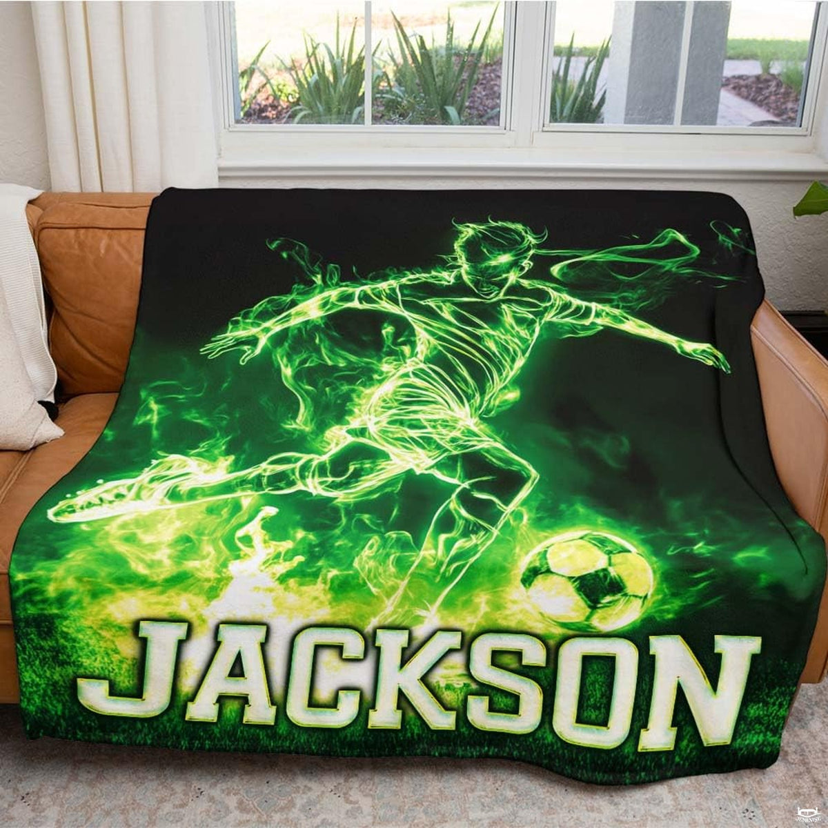 Detailed close perspective of glowing soccer striker and ball print