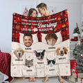 Christmas couple dogs and cats red plaid throw blanket displaying illustrated family portraits with pet dogs and cats