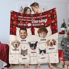 Christmas couple dogs and cats red plaid throw blanket displaying illustrated family portraits with pet dogs and cats