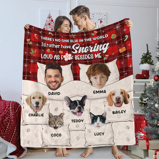 Christmas couple dogs and cats red plaid throw blanket displaying illustrated family portraits with pet dogs and cats