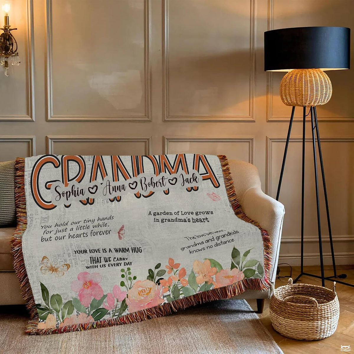 Grandma botanical floral garden family tribute blanket showing watercolor peach peonies view 7