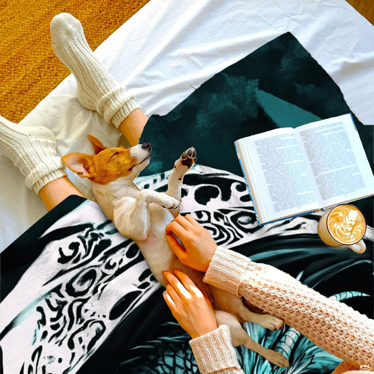 Gothic dragon pentagram throw blanket styled in a cozy lifestyle bed setting