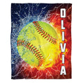 Dynamic softball art graphic with blazing fire and splashing water droplets on split background.