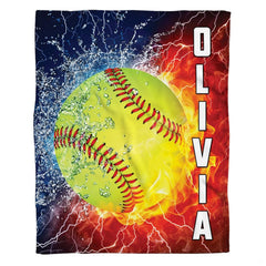 Dynamic softball art graphic with blazing fire and splashing water droplets on split background.