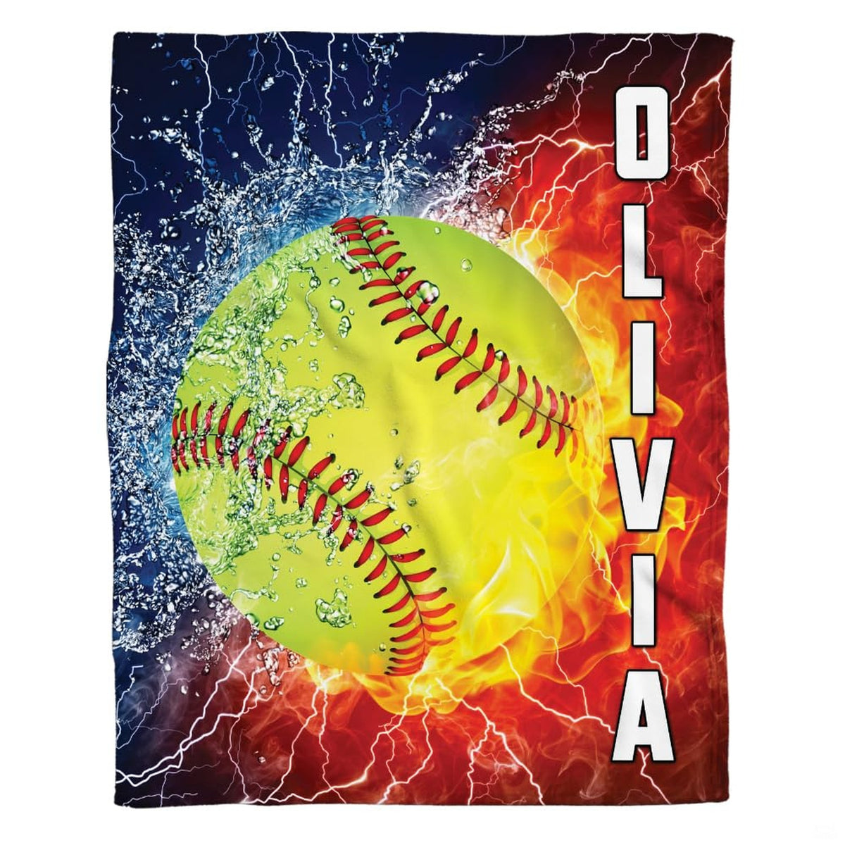 Dynamic softball art graphic with blazing fire and splashing water droplets on split background.