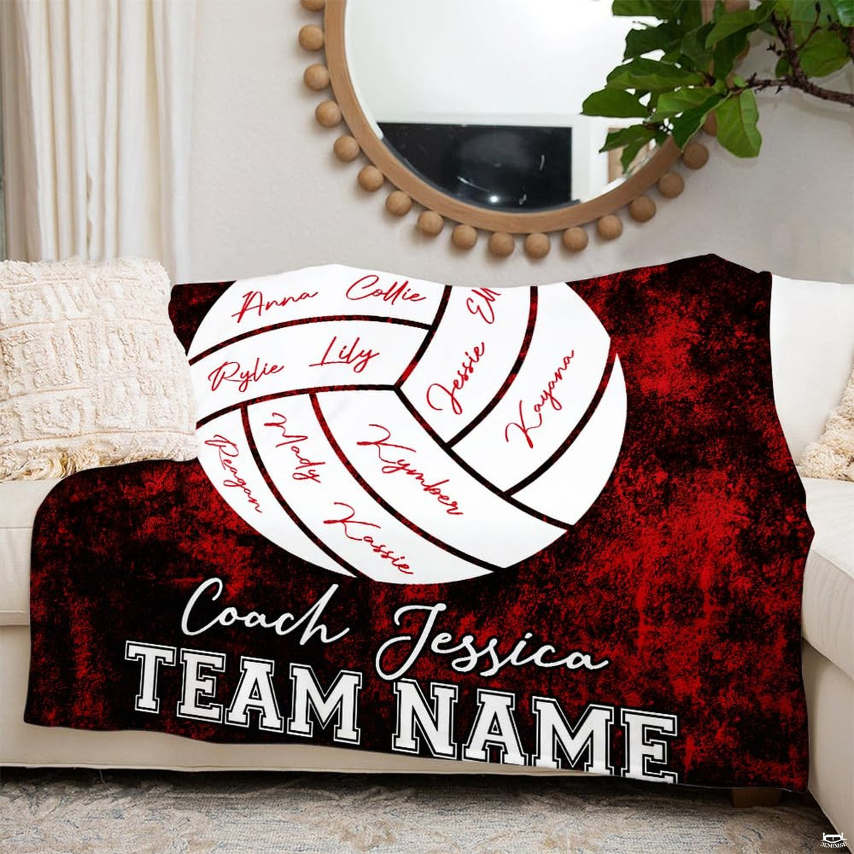 Stylized volleyball artwork and thematic accent appreciation graphics on display across decorative bedding.
