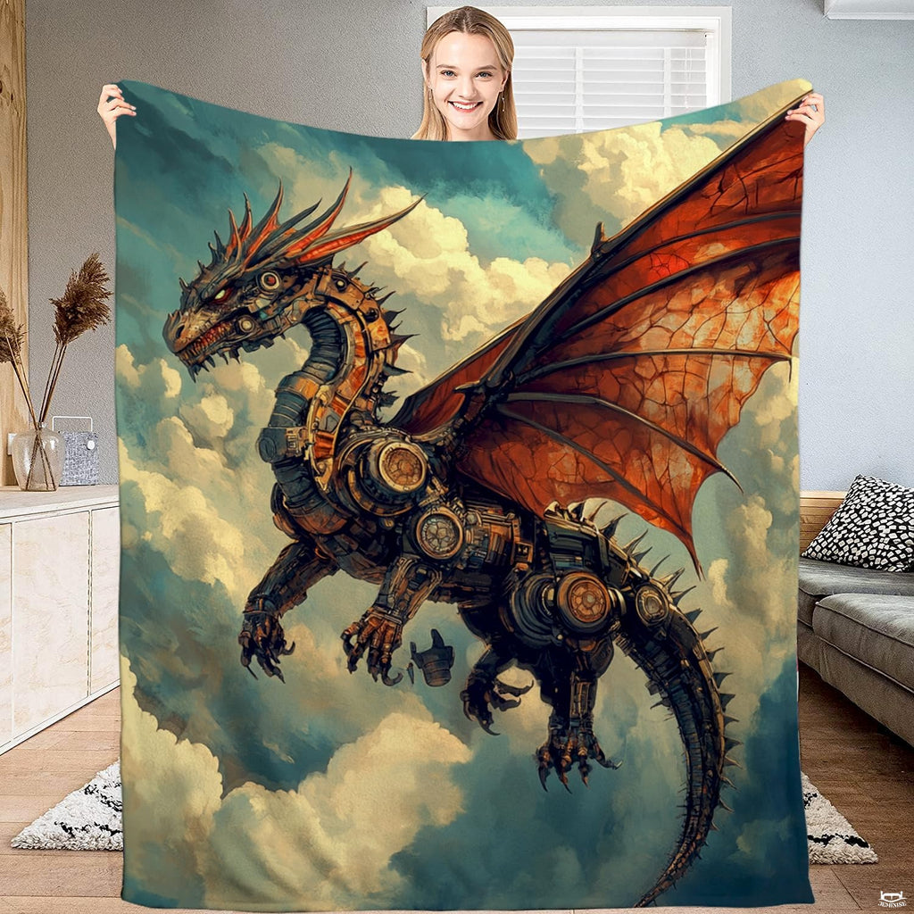 Steampunk dragon bedding set highlighting intricate mechanical wings and billowy painted clouds for a mythic room.