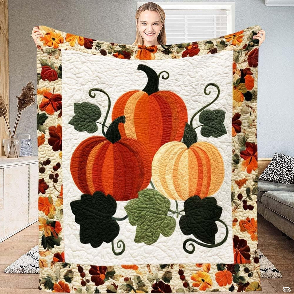 Close-up perspective of tall ribbed orange pumpkin and curly dark green stem on textured ivory ground