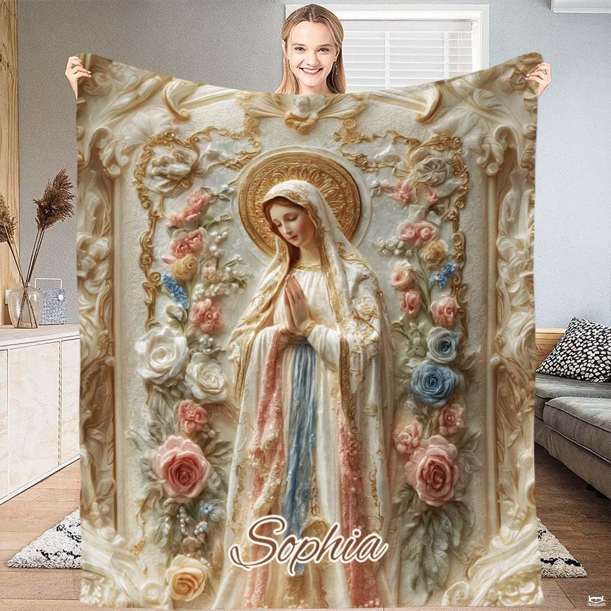 Faux bedding set displaying carved relief Virgin Mary with golden halo and pastel roses on ivory background.