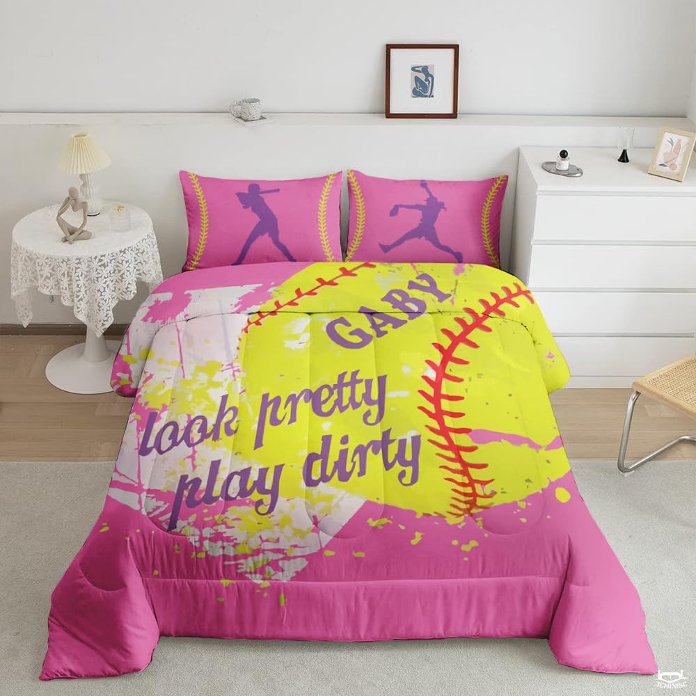 Softball Bedroom Decor Bedding Set – Vibrant Teal Yellow Sports Theme Comforter for Girls, Teens, Women Who Love Softball, Twin/Queen/King Size Options