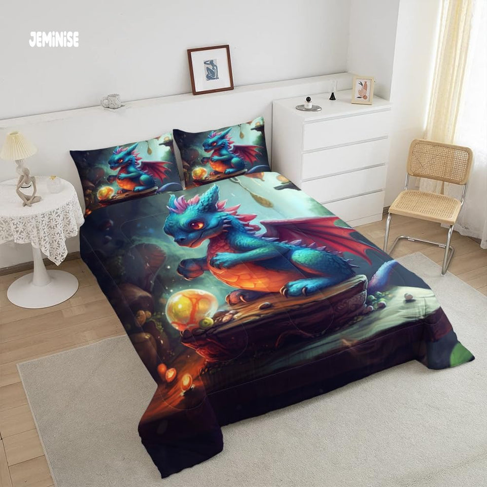 Jeminise Cute Baby Dragon Comforter Set, Fantasy Bedding