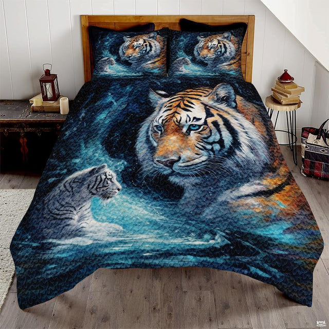 Tiger and cub bedding with glowing blue water wildlife artwork