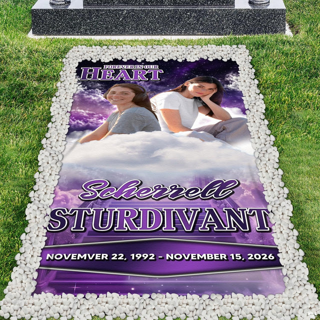 Purple celestial memorial throw blanket showing a portrait on clouds and stairway to heaven in a starry sky