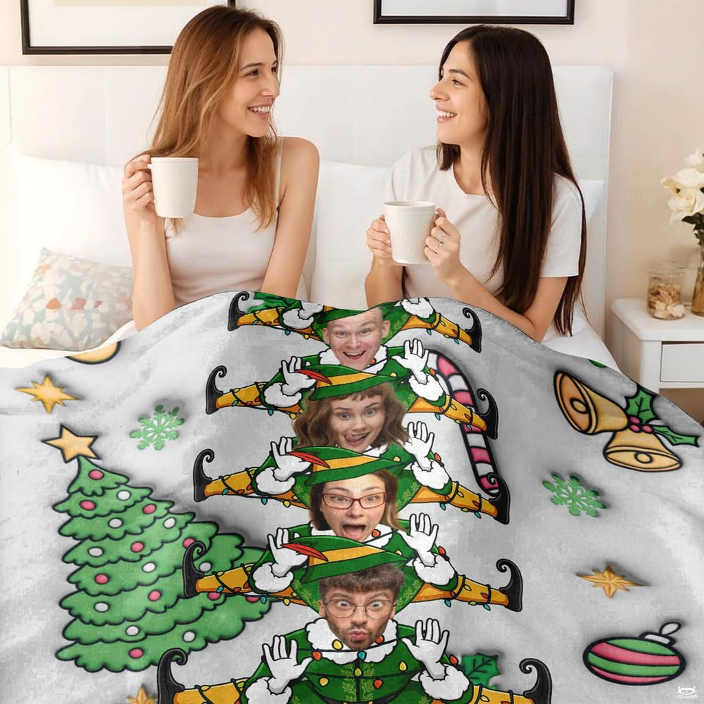 Christmas elf tree throw blanket styled on contemporary bedroom bed
