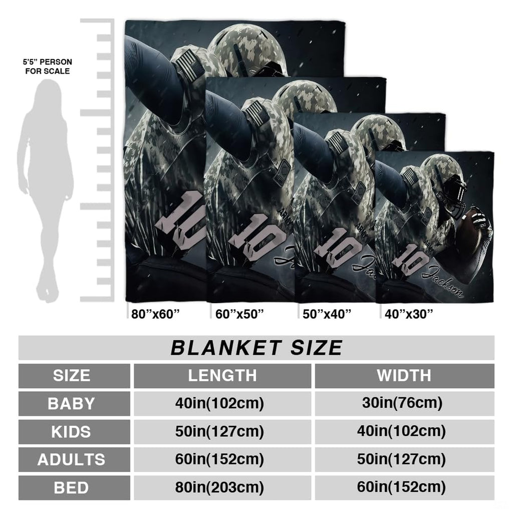 Size chart comparing four dimensions for the camo football throw blanket