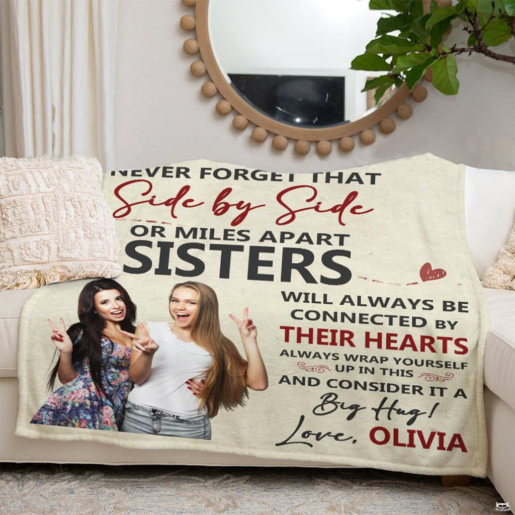 Sentimental family portrait design blanket arranged gracefully on a living room couch.