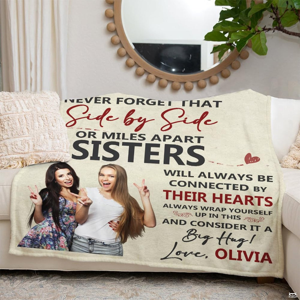 Sentimental family portrait design blanket arranged gracefully on a living room couch.