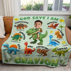 Detailed look at friendly green tyrannosaurus rex surrounded by biblical virtue scripture references