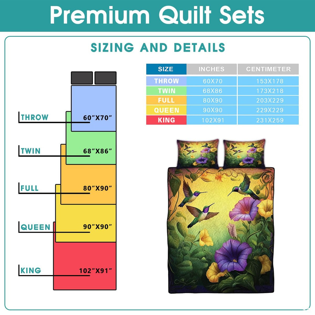 Hummingbird flower bedding sizing infographic