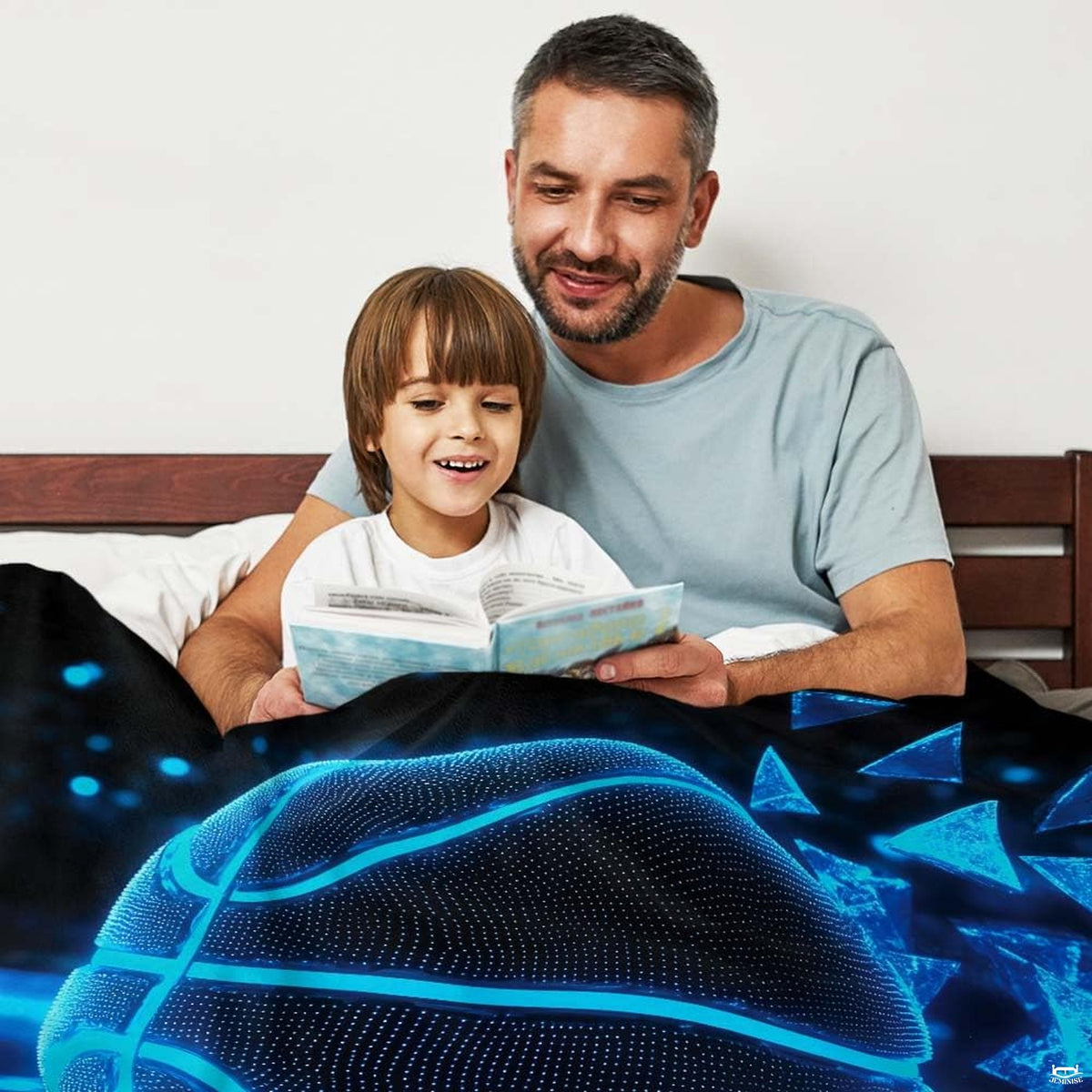 Neon cyber basketball throw blanket view 3 highlighting glowing cyan court graphics and sporty bedroom styling