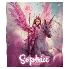 Full graphic illustration of armored princess riding winged unicorn through clouds