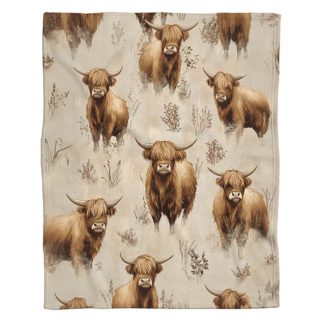 Close-up of highland cow bedding artwork displaying curved horns, brown coat detailing, and grassy flora.