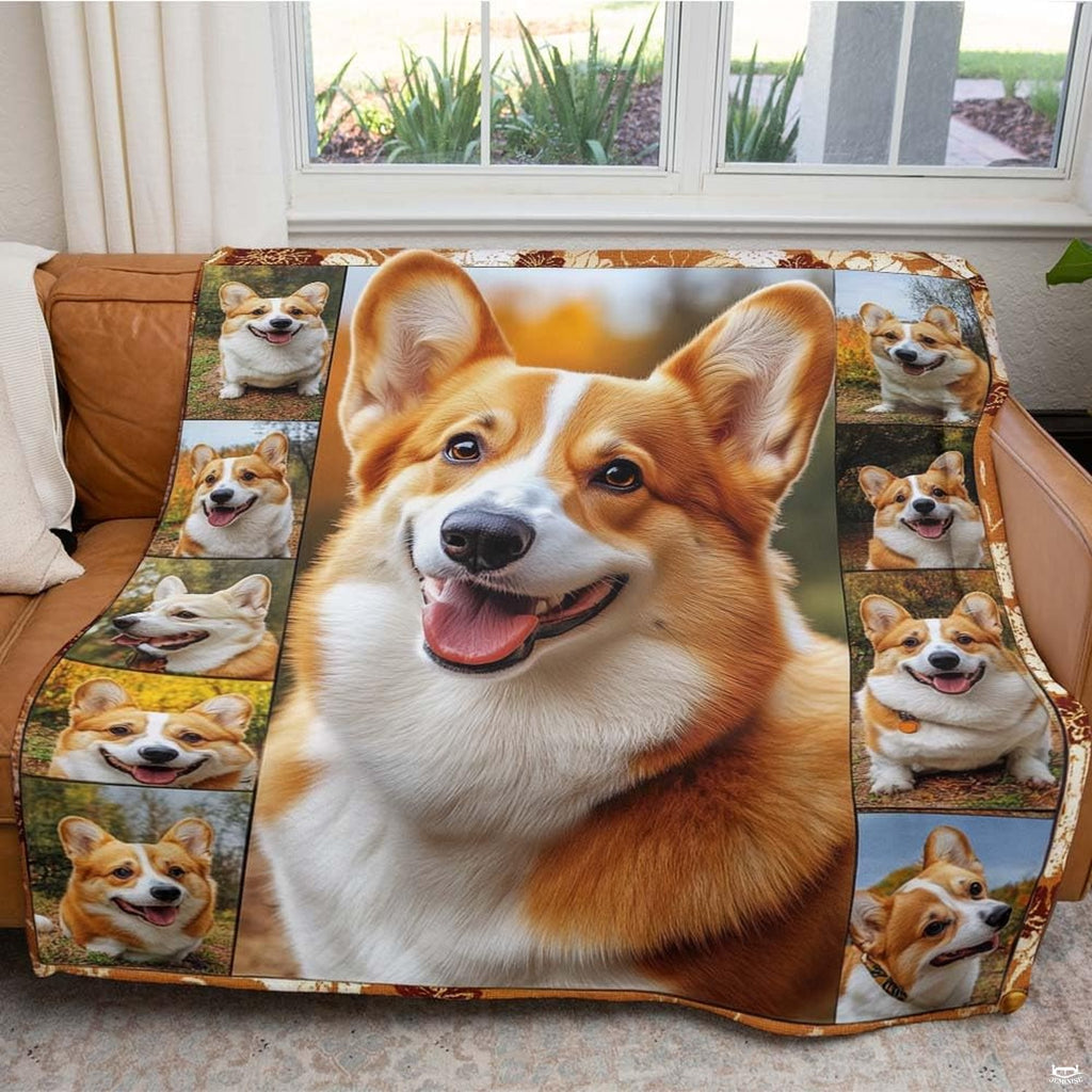 Bedding set showing honey brown Welsh Corgi illustrations and leafy accents.