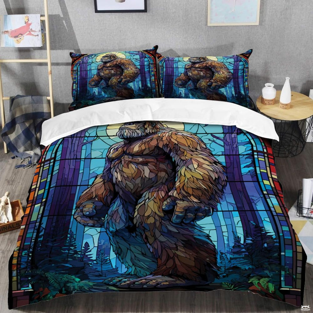 Top angle perspective of bigfoot silhouette bedding showing detailed striped twilight rings and pine tree accents.