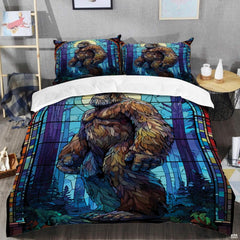 Top angle perspective of bigfoot silhouette bedding showing detailed striped twilight rings and pine tree accents.