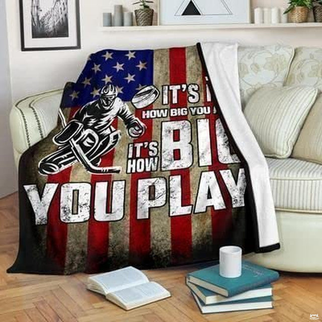 Ice hockey goalie dynamic illustration over weathered American flag backdrop in sports fleece throw style
