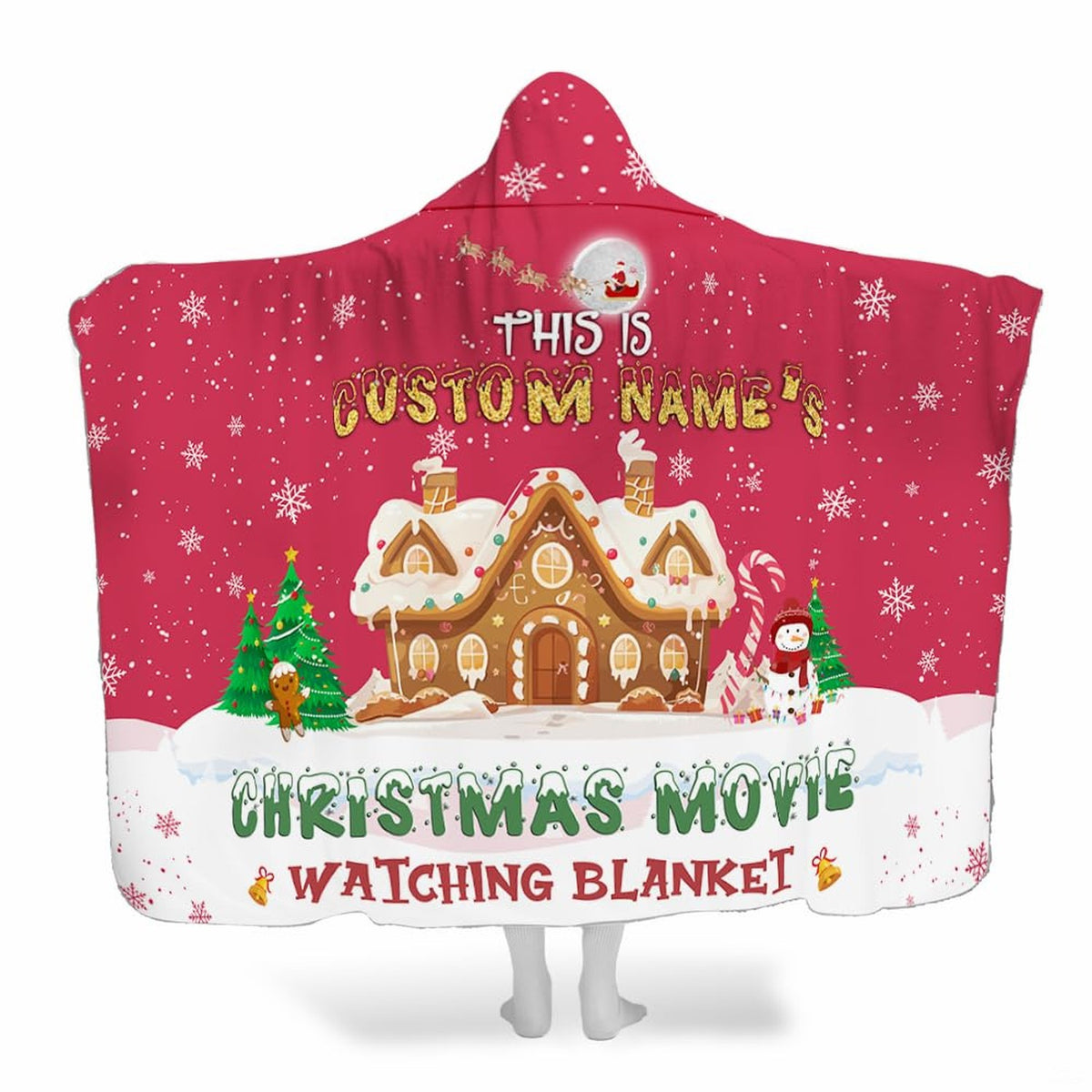 Holiday gingerbread cottage winter throw blanket with frosted cookie house and flying sleigh on red