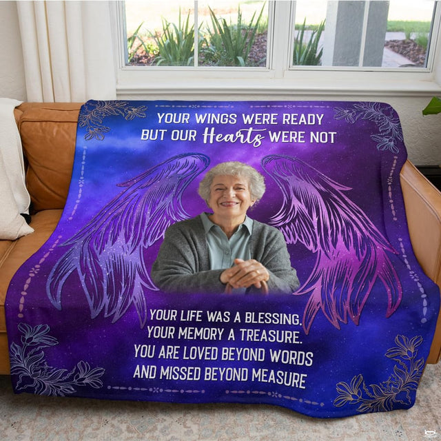 Celestial purple angel wings memorial photo blanket showing feathered wings and galaxy backdrop view 2