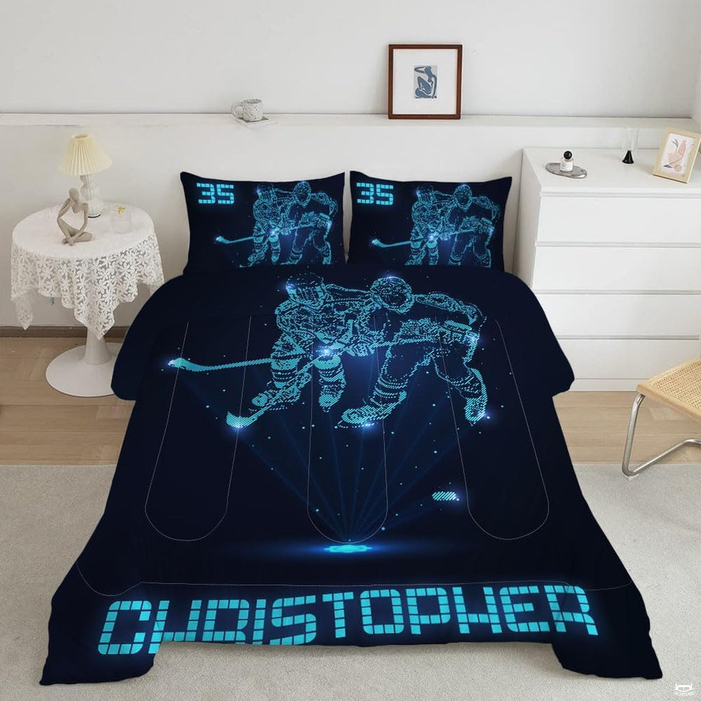 Holographic bed set featuring glowing neon cyan ice hockey players on dark navy.