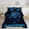 Holographic bed set featuring glowing neon cyan ice hockey players on dark navy.